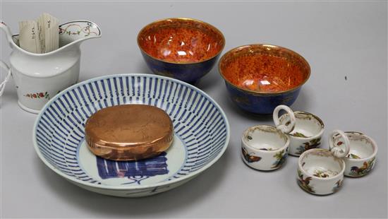 A pair of Wedgwood humming bird lustre bowls, a copper snuff box and sundry ceramics